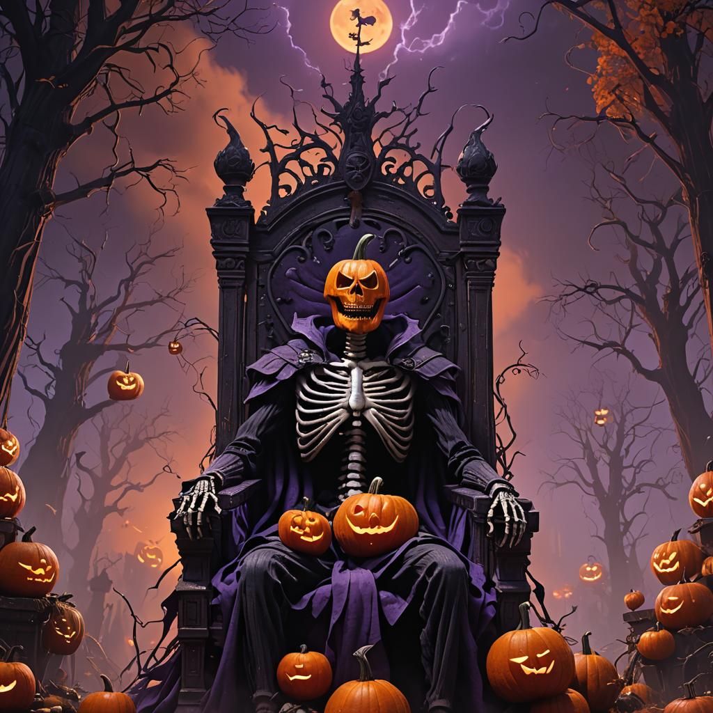 Regal Pumpkin King with Skeleton Grin on Throne