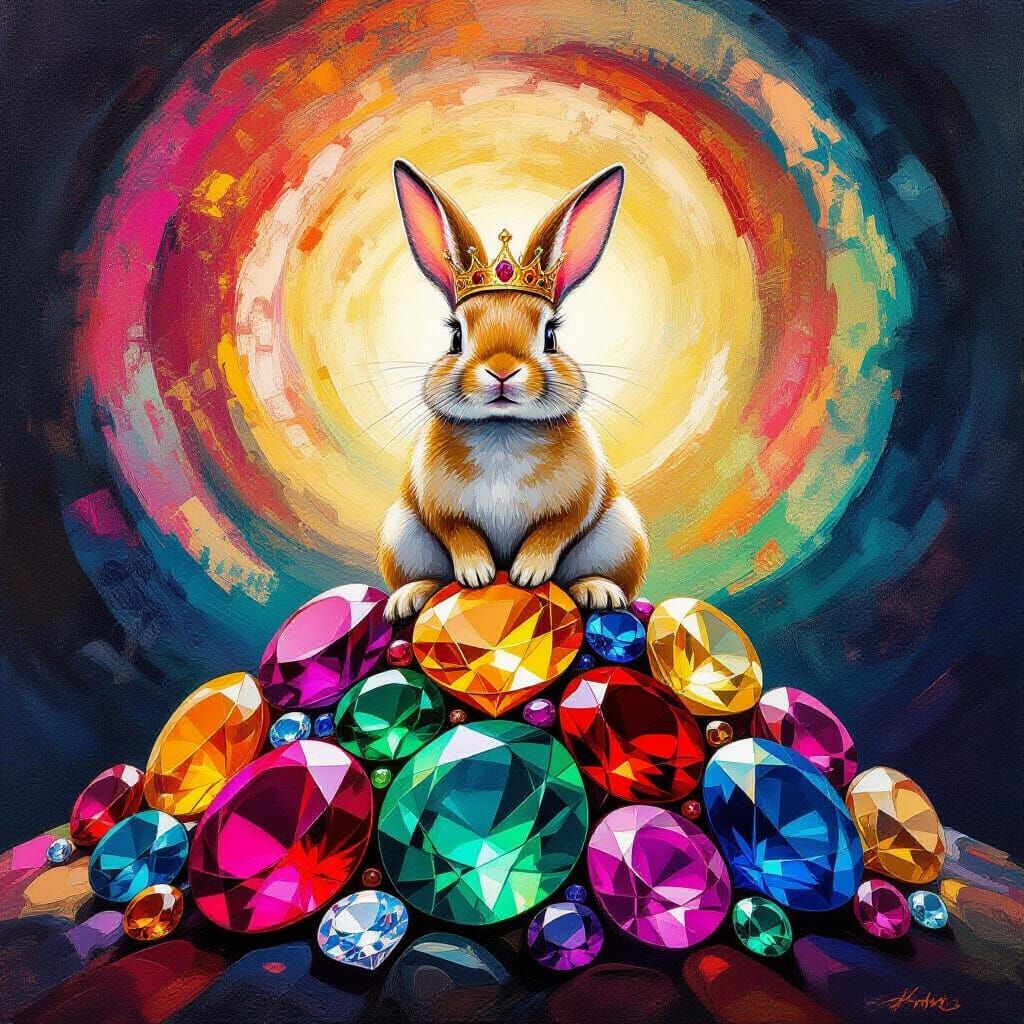 Rabbit King on Gemstone Throne in Cosmic Vortex