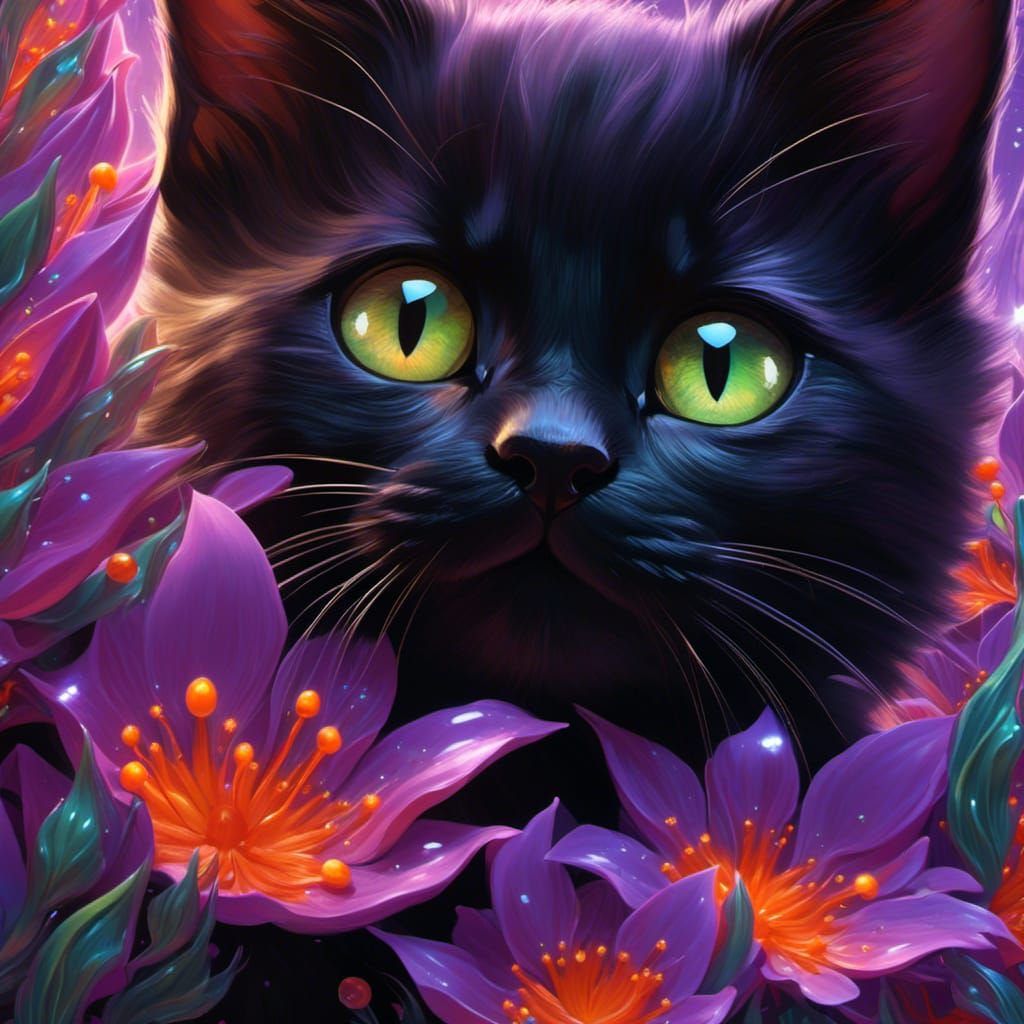 Adorable Kitten in Magical Forest with Glass Flower