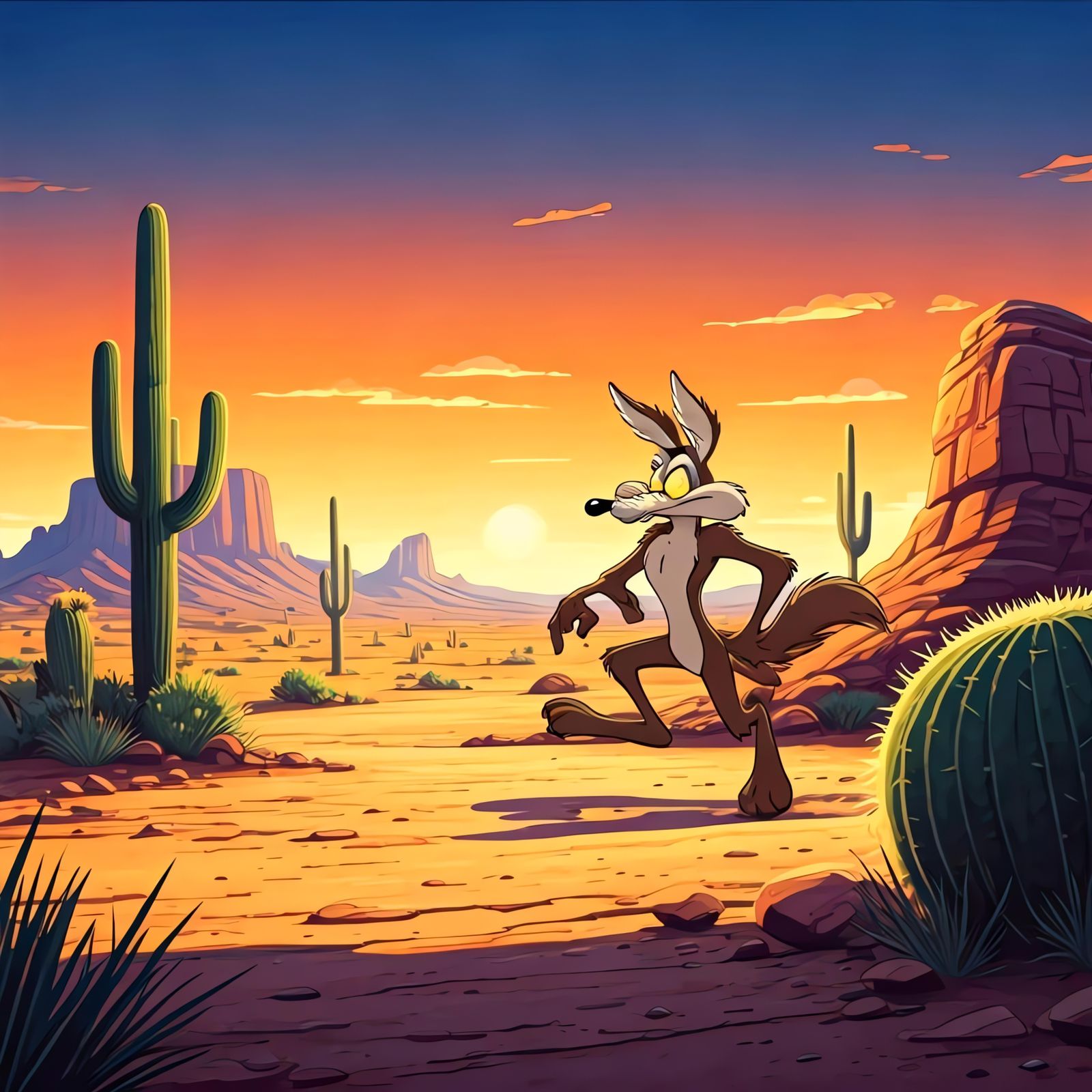 Coyote and Roadrunner Chase Scene in Anime Style