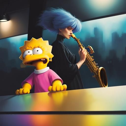 Lisa Simpson Plays Saxophone: Vibrant Oil Painting