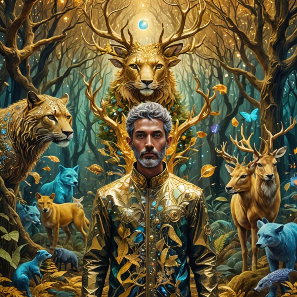 Elfish Man in Golden Forest: Astral Cosmic Illustration