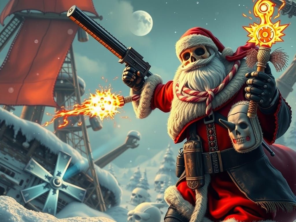 Cyberpunk Robot Pirate Battles Cyber Santa in a Gritty, High...