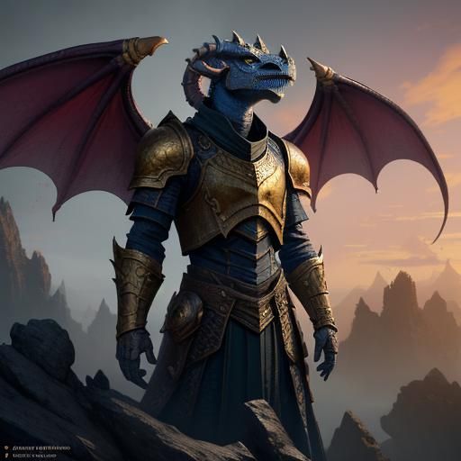 Winged Brass Dragonborn in Detailed Fantasy Art