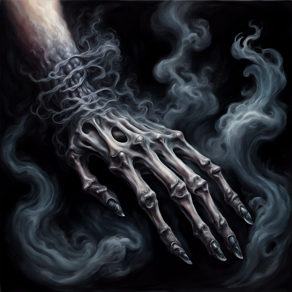 Eerie Skeletal Hand Emerging from Darkness in Oil