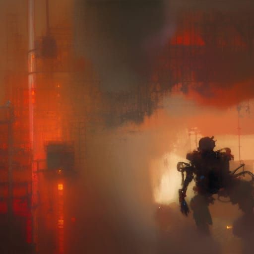 Humanoid Robot Wielding Flamethrower in Urban Impressionism