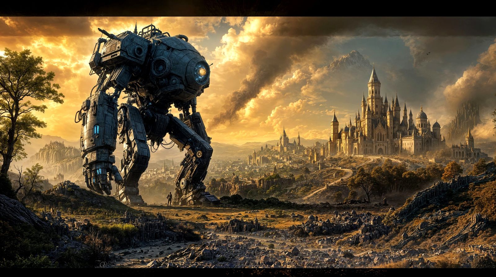 Gigantic Steam Robot Walks Near Castle