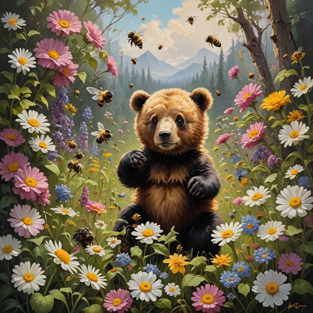 Fluffy Bear Cub with Honey, an Oil Painting