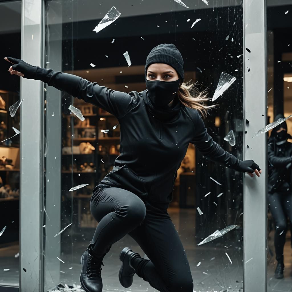 Elegant Burglar Jumps Through Window in Action Scene