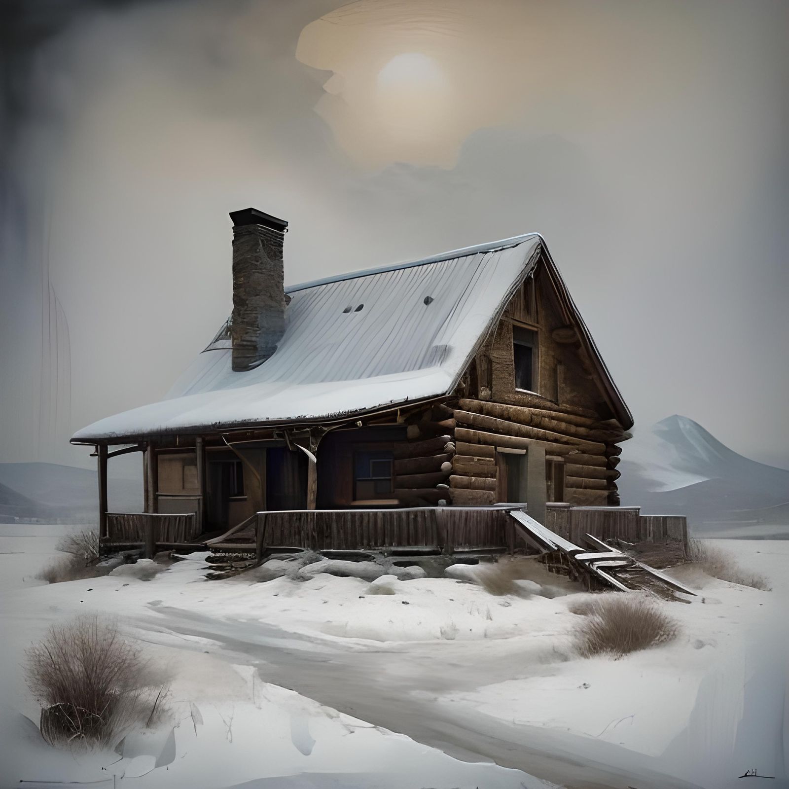 Winter Cabin in Abstract Impasto Style