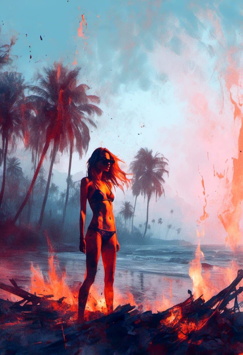 Bikini Girl on Burning Beach: Pixel Art Sunset