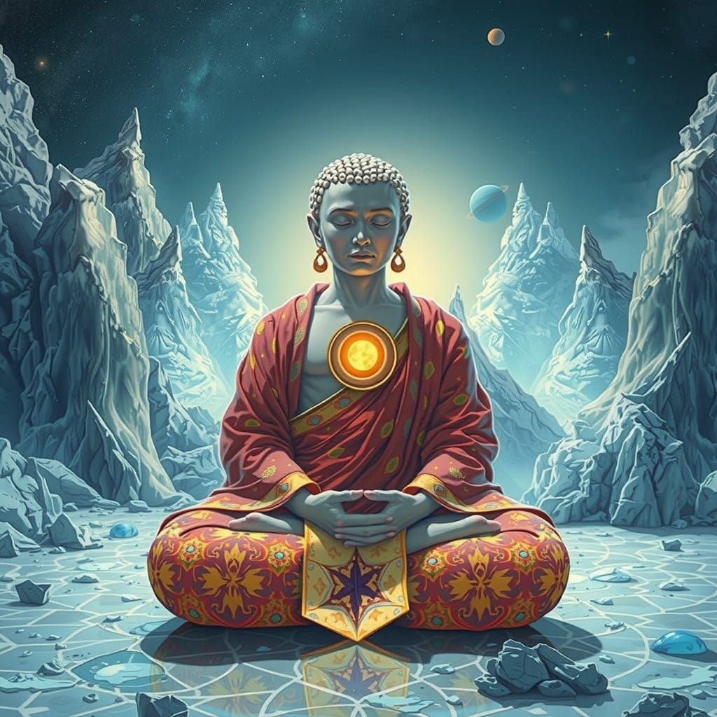 Serafim Monk Meditates in Cosmic, Psychedelic Ice Mountains