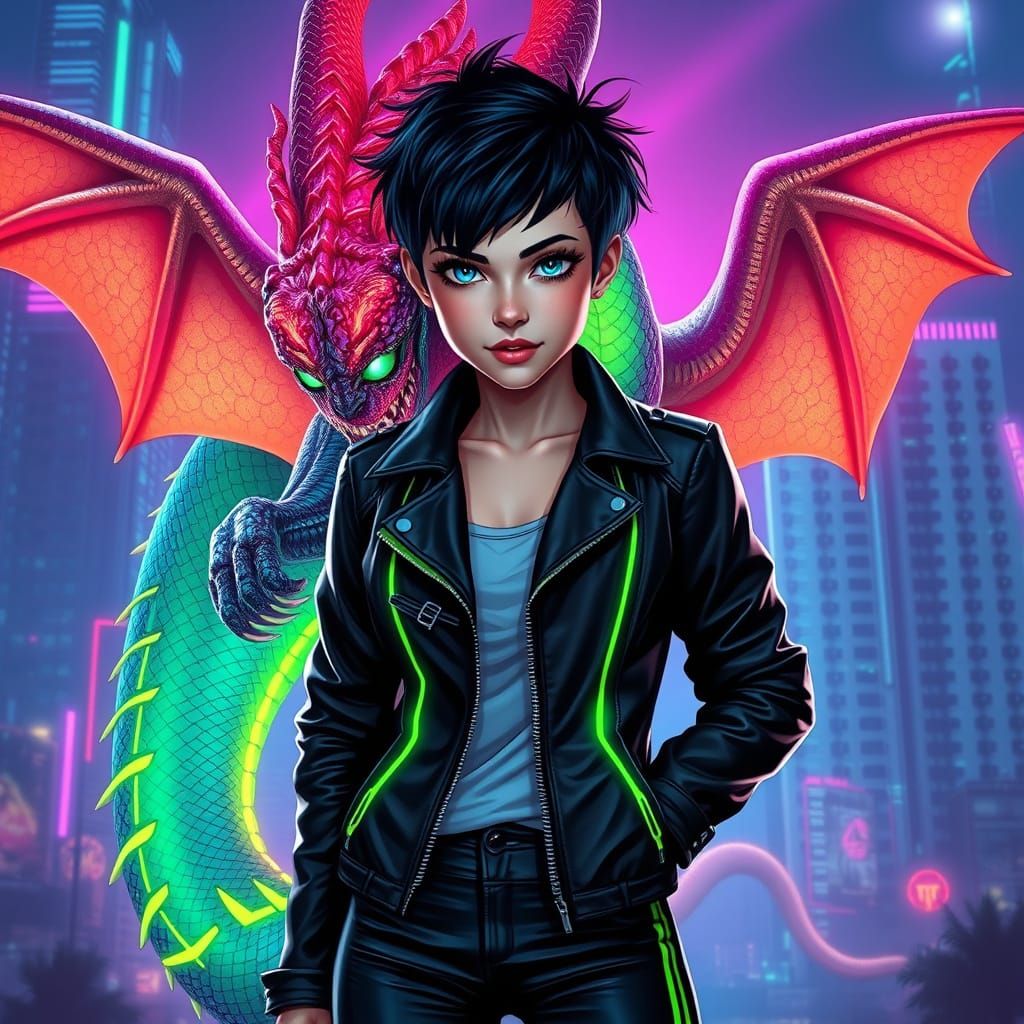 Dragon Girl in Neon Synthwave Retro Futuristic Scene
