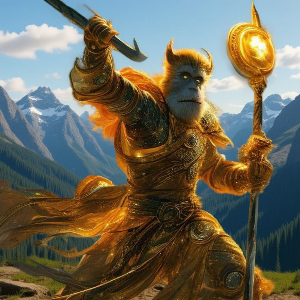 Golden-furred Sun Wukong wielding his staff and fighting Tho...
