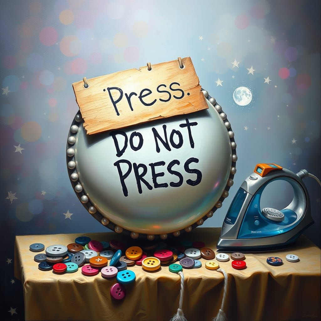 Whimsical Warning Pearl Button in Enchanted Ironing Scene