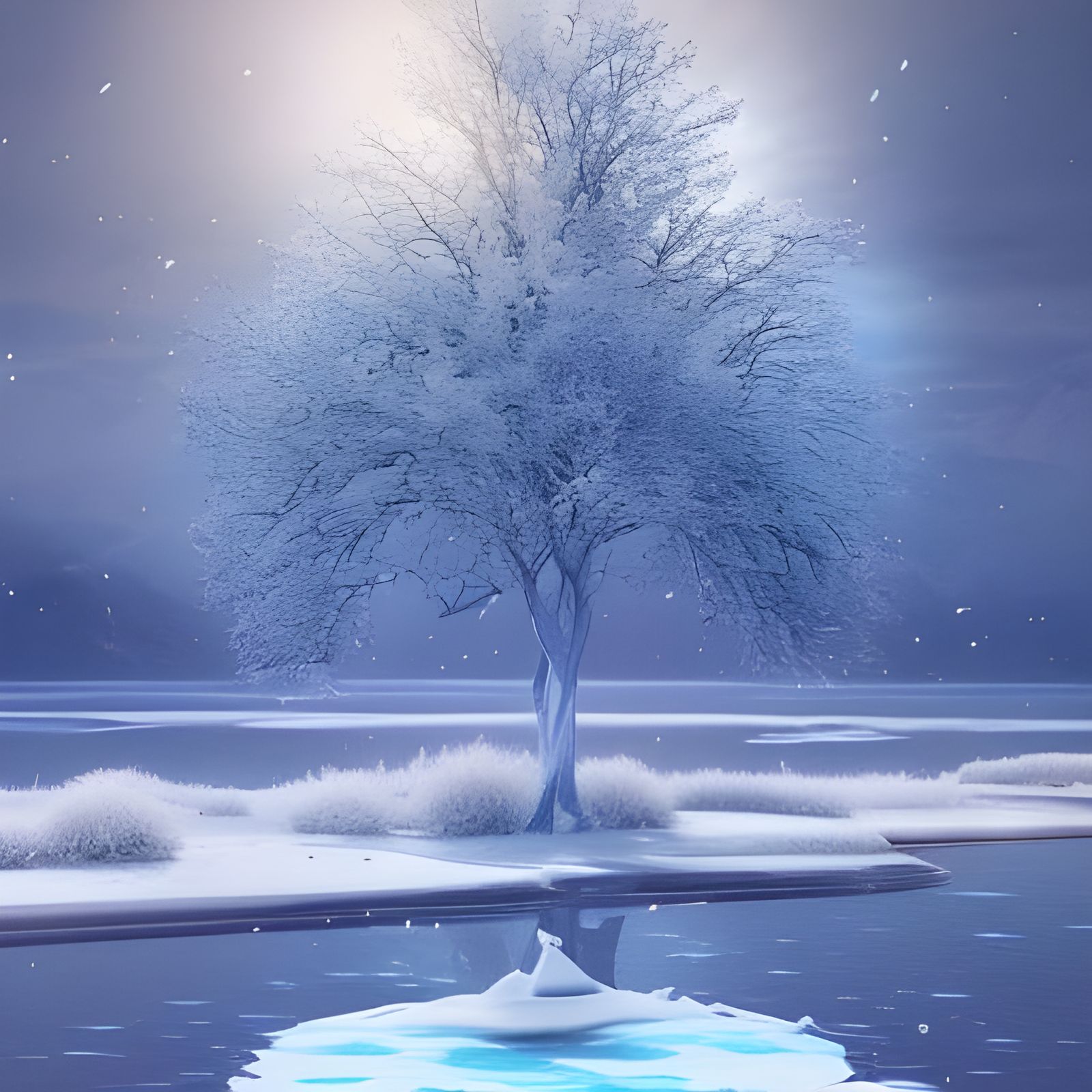 Magical White Tree on Frozen Lake: Digital Matte Painting