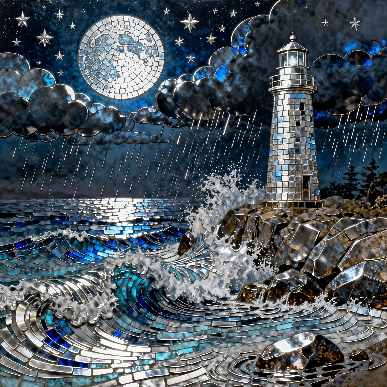 Hammered Metal Lighthouse Under Full Moon