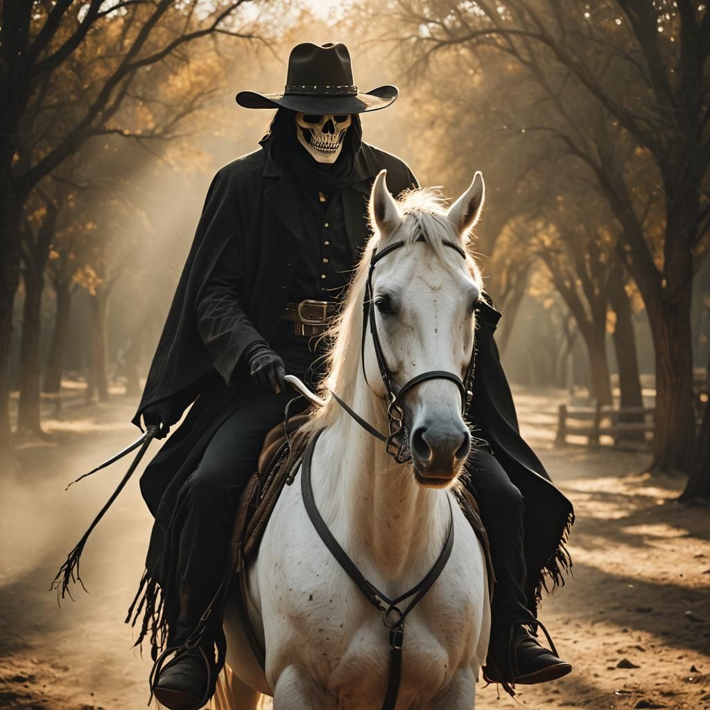 Grim Reaper Rides a White Horse in Cinematic Style