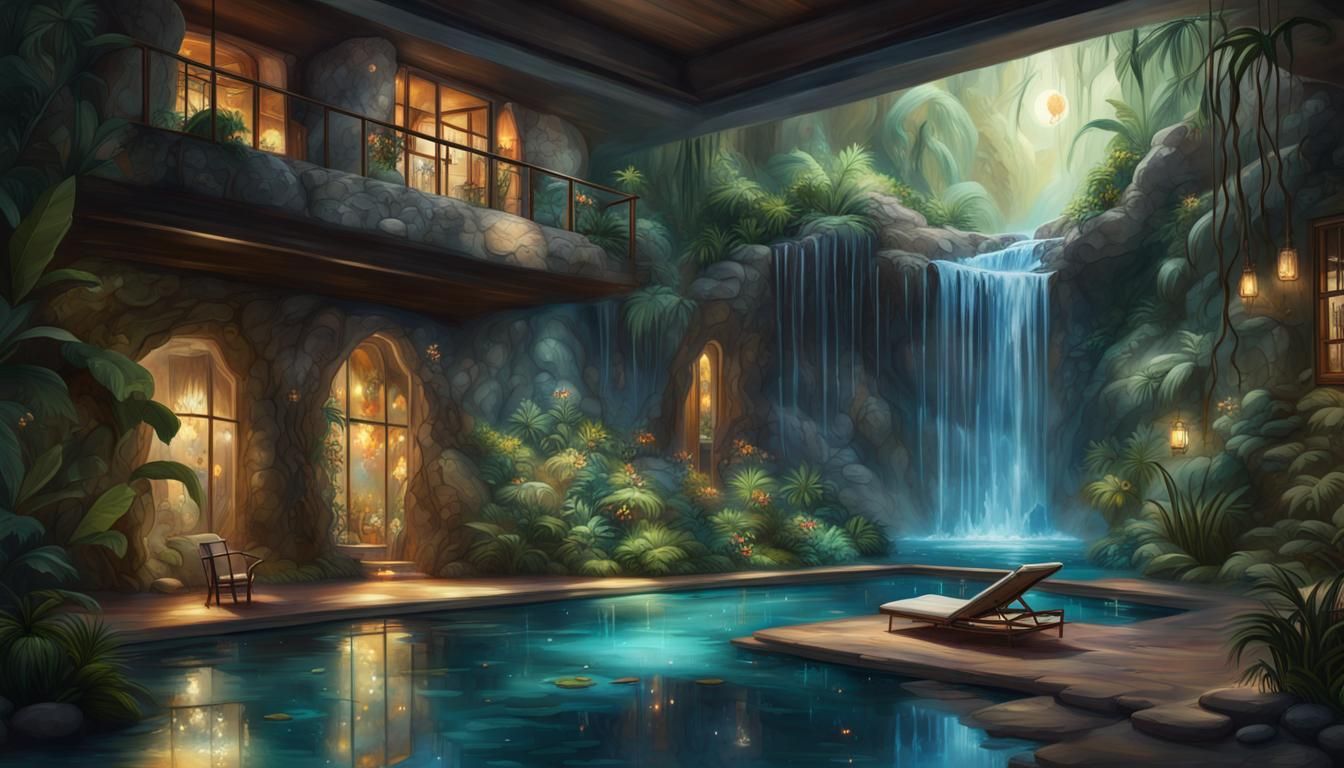Moonlit Waterfall Lounge in Flower Jungle, Artstation Style