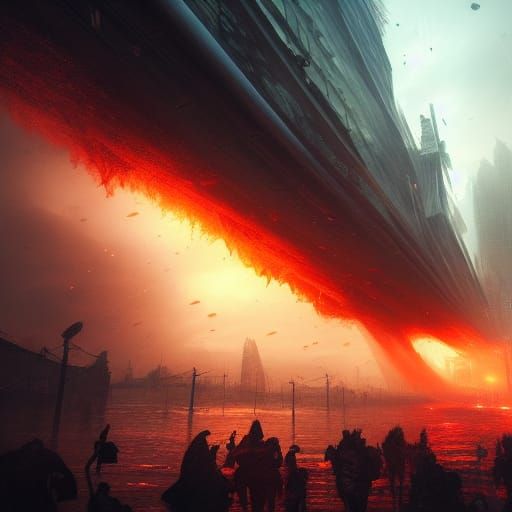 Tsunami Devastates High-Tech City: Dark Fantasy Concept Art