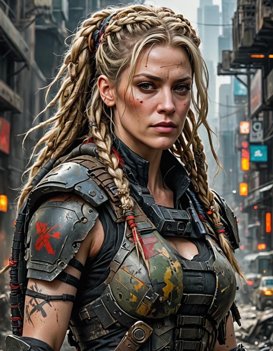 Post-Apocalyptic Android Warrior in Acrylic Style