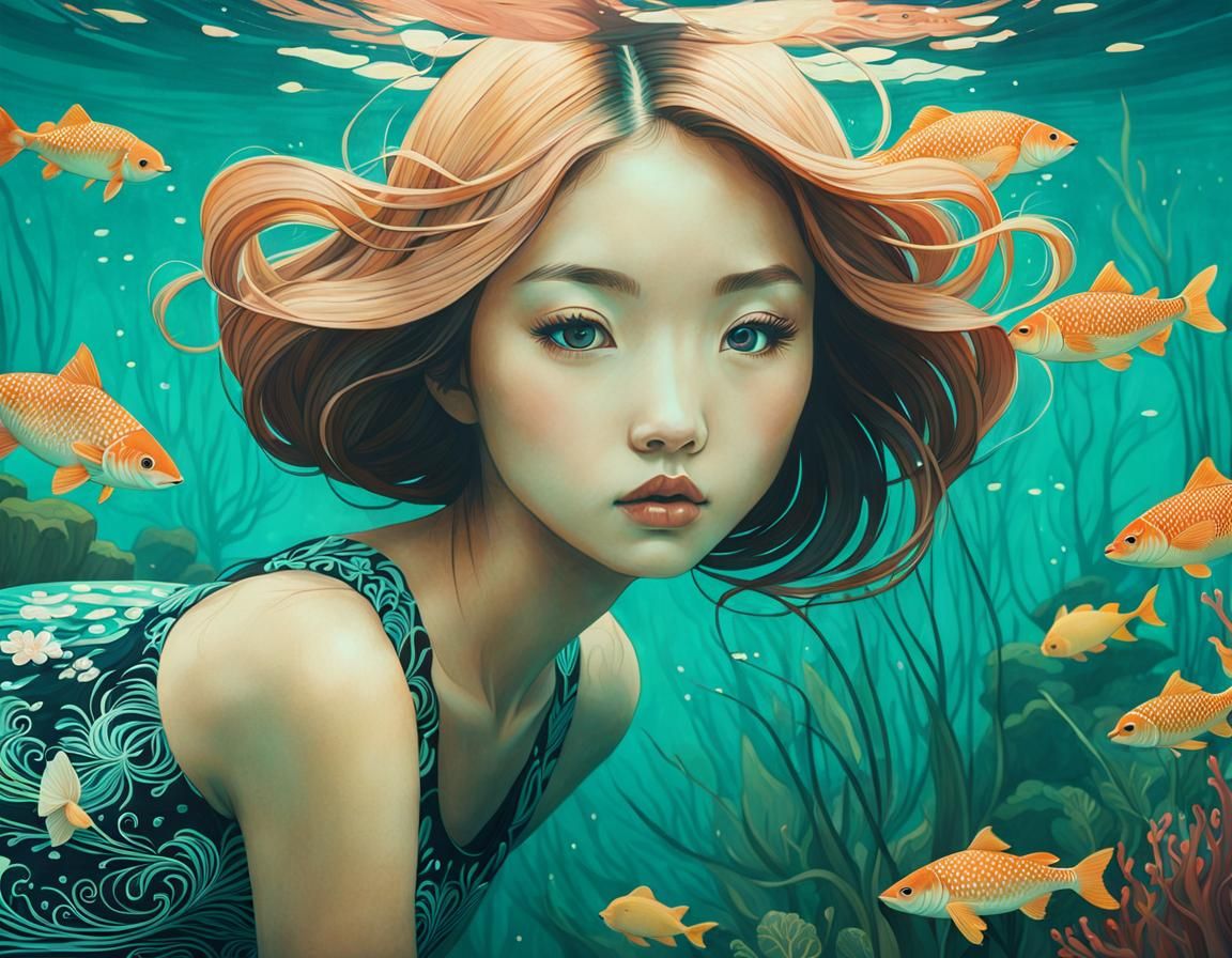 Underwater Swimming Scene in Whimsical Style