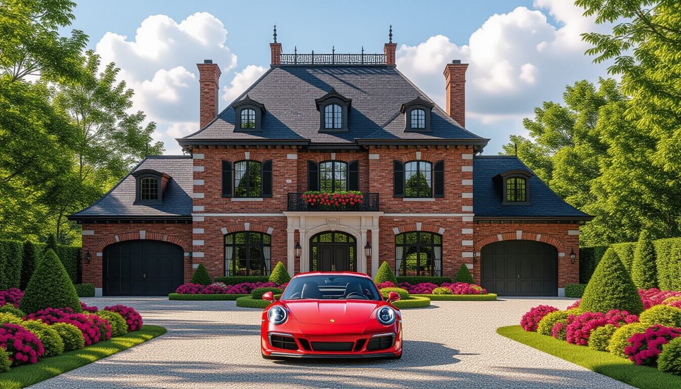 Victorian Chateau with Red Porsche 911