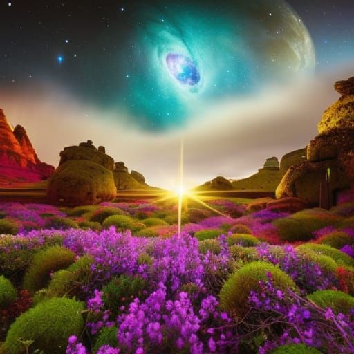 Enchanted Garden Under a Starry Nebula Sky