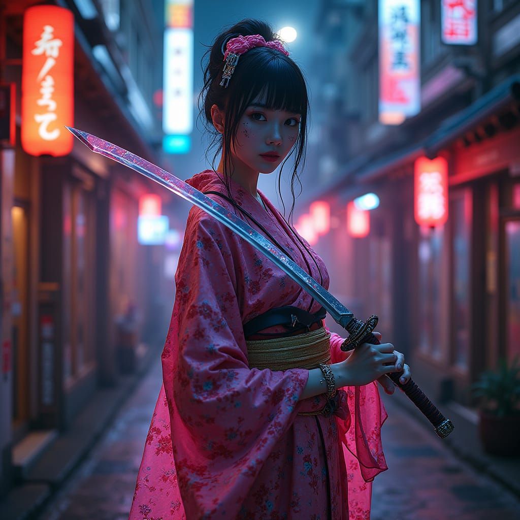 Cyberpunk Geisha Warrior in Neon Tokyo Alleyway