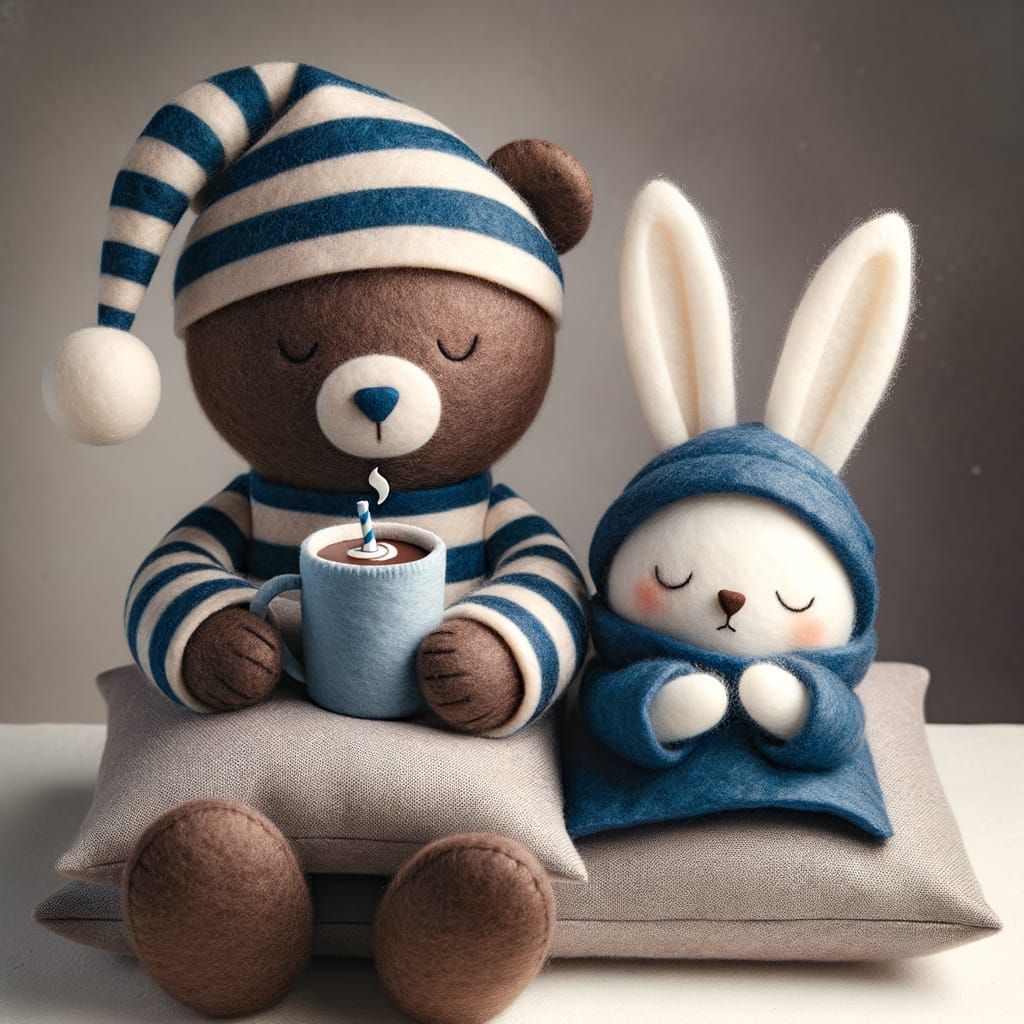 Felted Bear and Bunny Ready for Bed