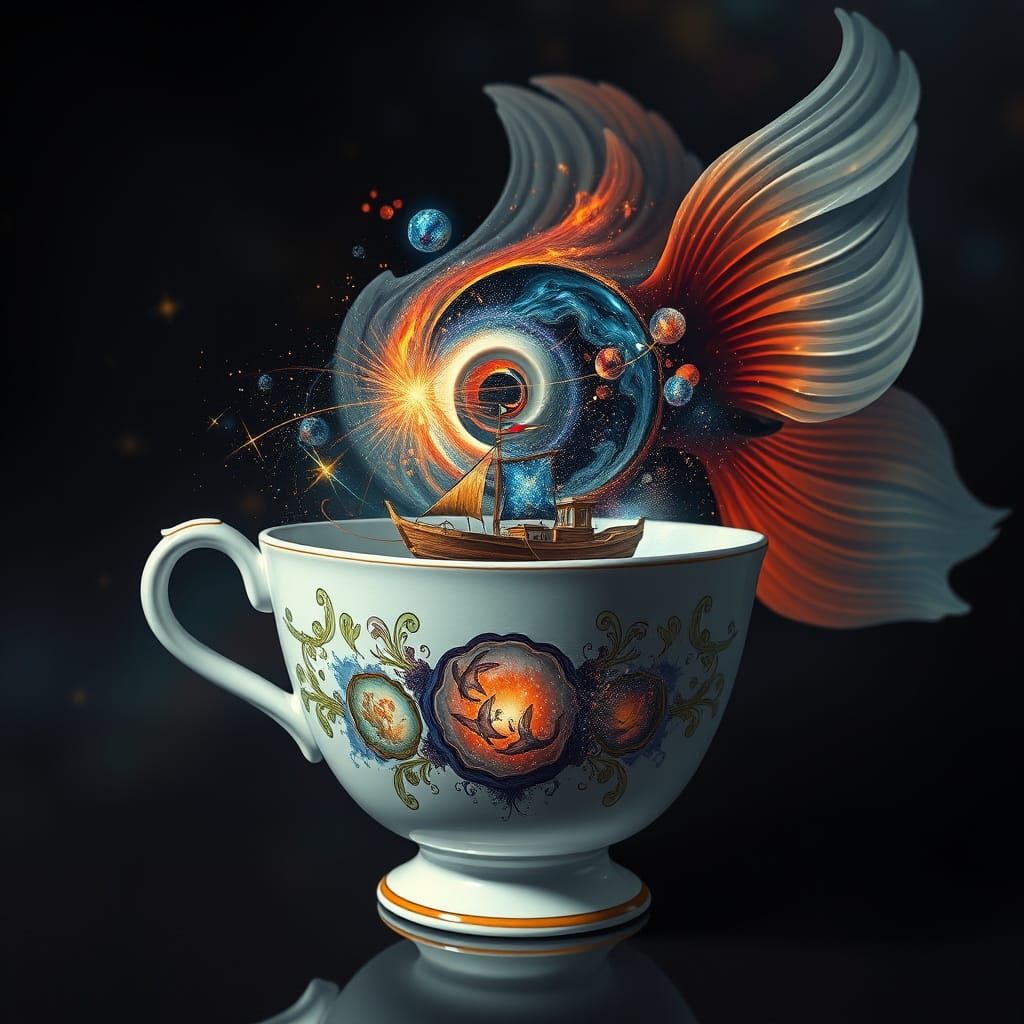 Magical Galaxy Boat in Teacup Between Goldfish Ears