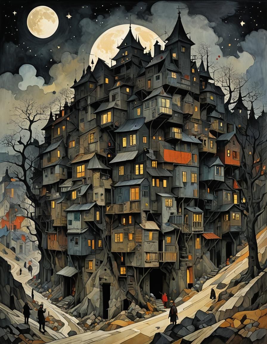 Stacked Houses Under Moon as Canvas Painting