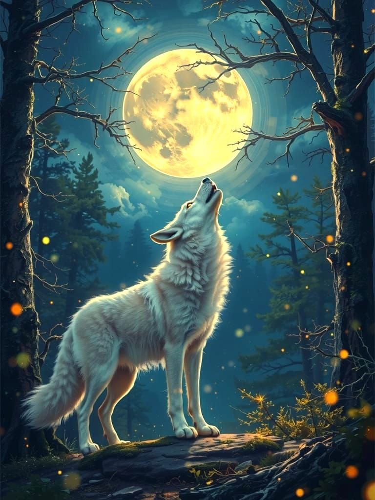 White Wolf Howling at Moon in Dramatic Lighting