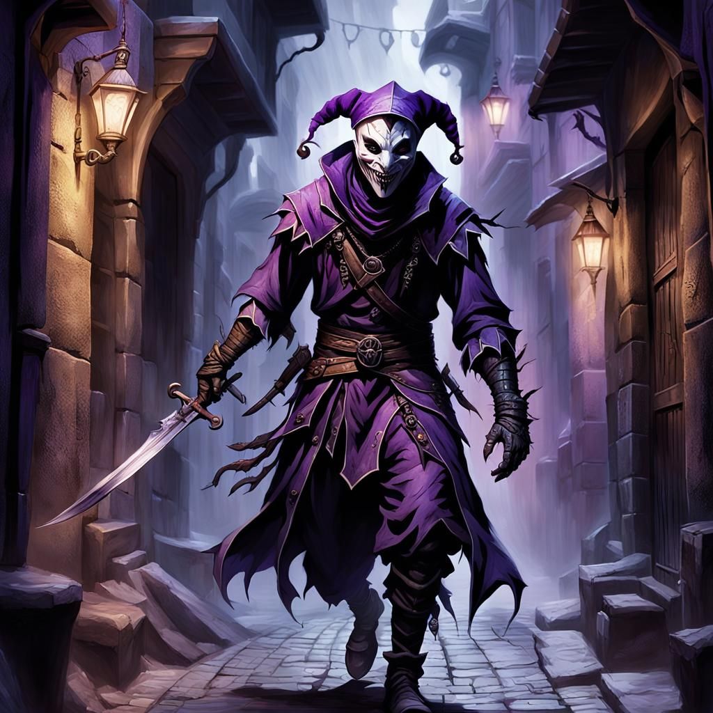 Jester Assassin in Dim Alleyway: Dark Fantasy Art