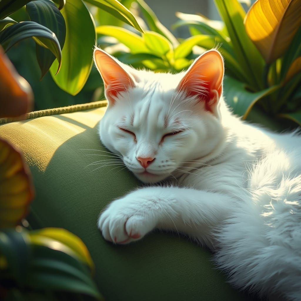 White Cat Napping, Oil Painting in Art Nouveau Style