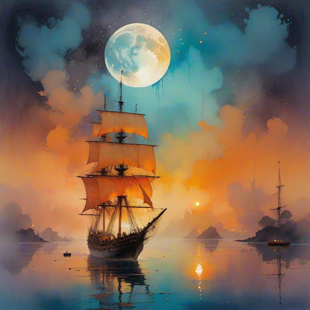 Crescent Moon Ship on Golden Waters