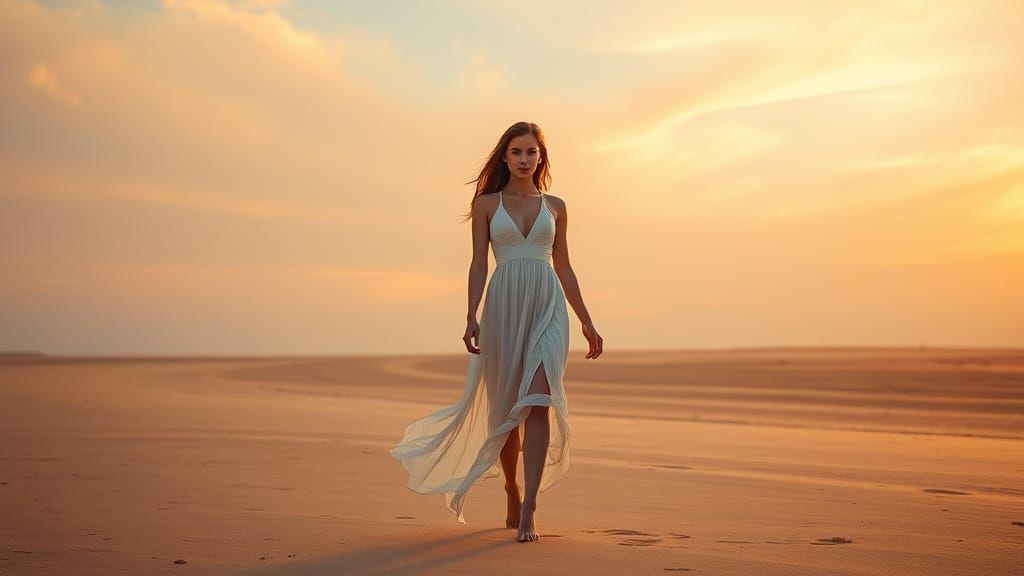 Ethereal Futuristic Dreamer on Deserted Beach at Sunset