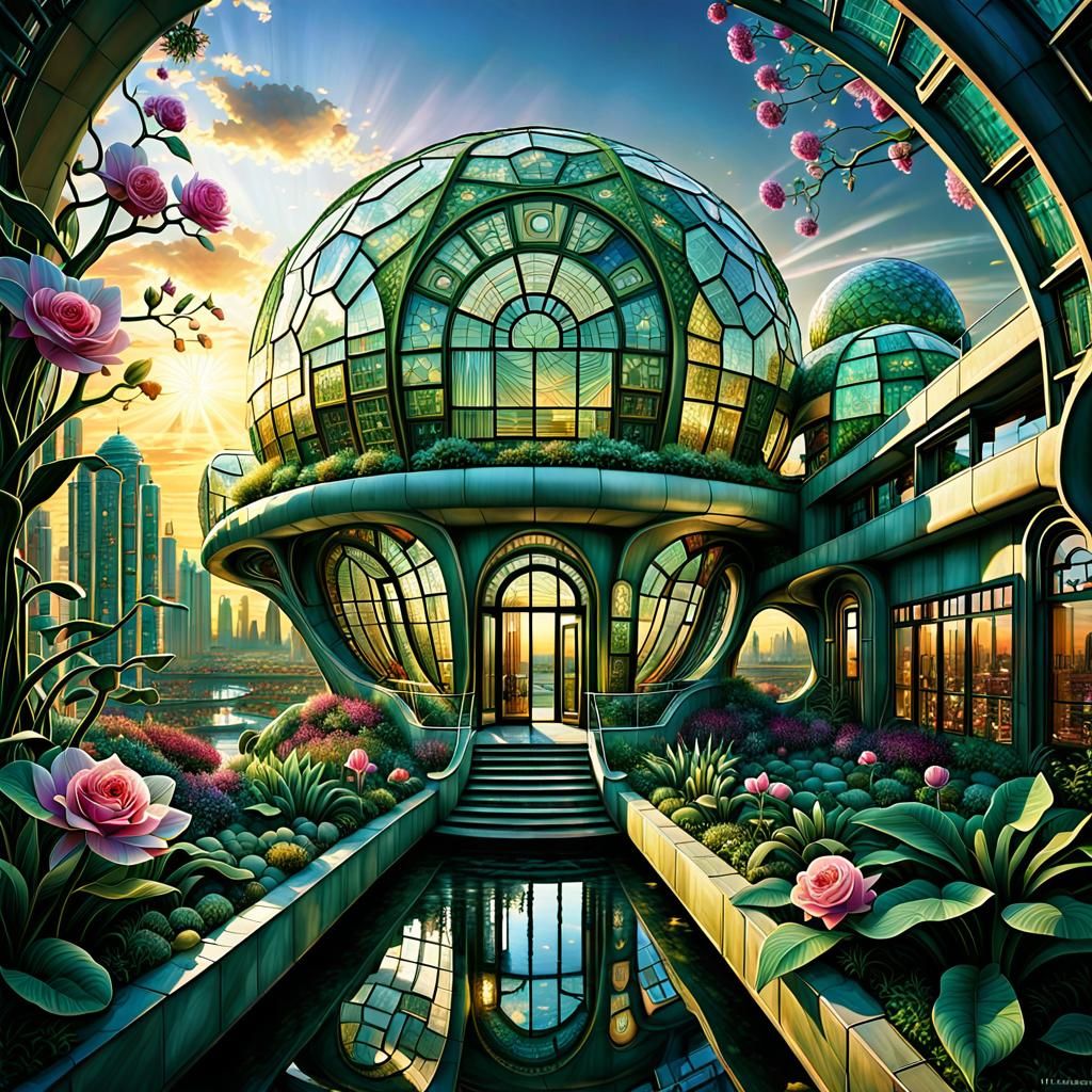 Futuristic Garden Eco-Cityscape with Sunset Light Rays