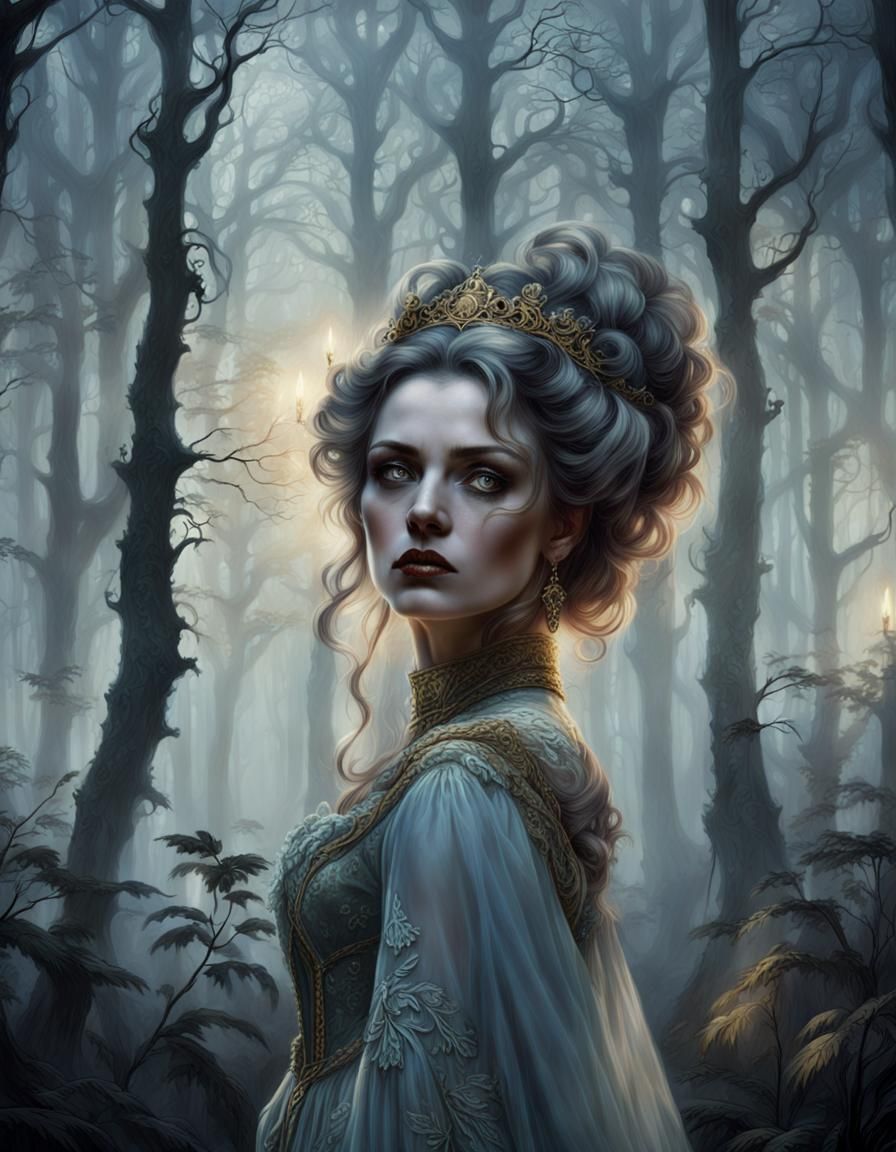 Countess in Misty Forest, a Romantic Fantasy Illustration