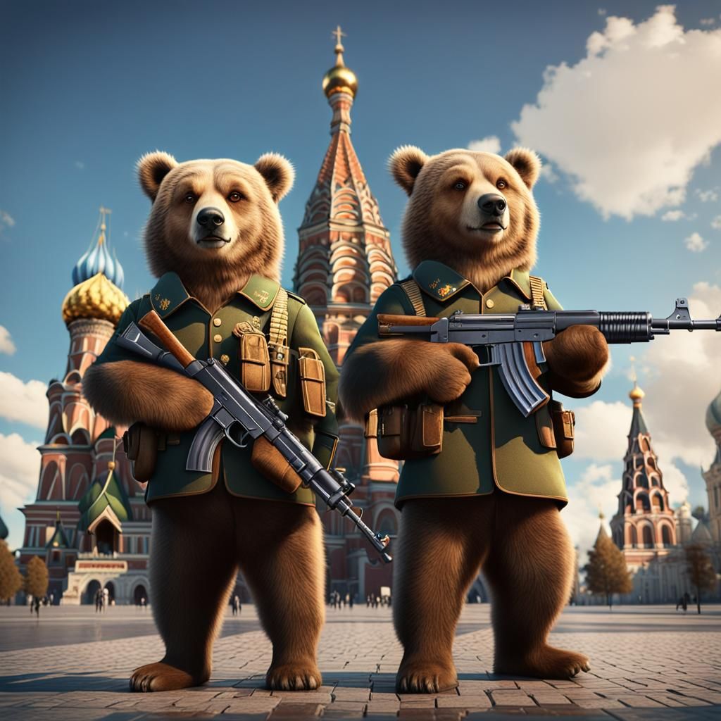 Bears in Military Uniforms in Front of Cathedral