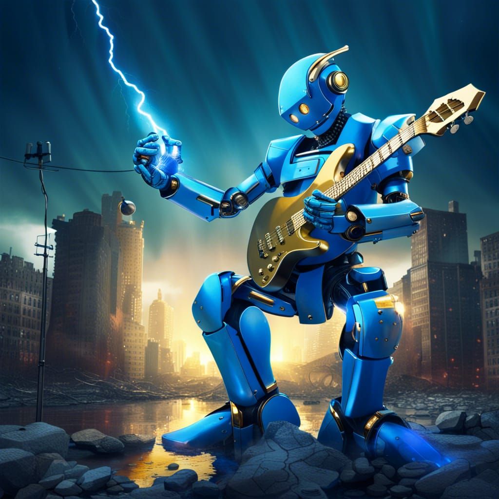 Blue Robot Plays Guitar in Abandoned City