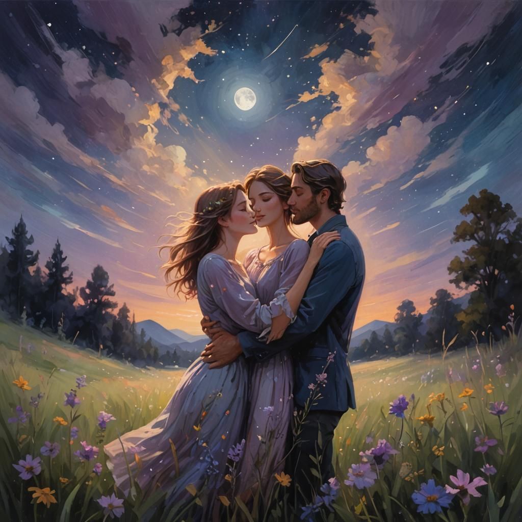 Couple Gazing at Moon in Lush Meadow