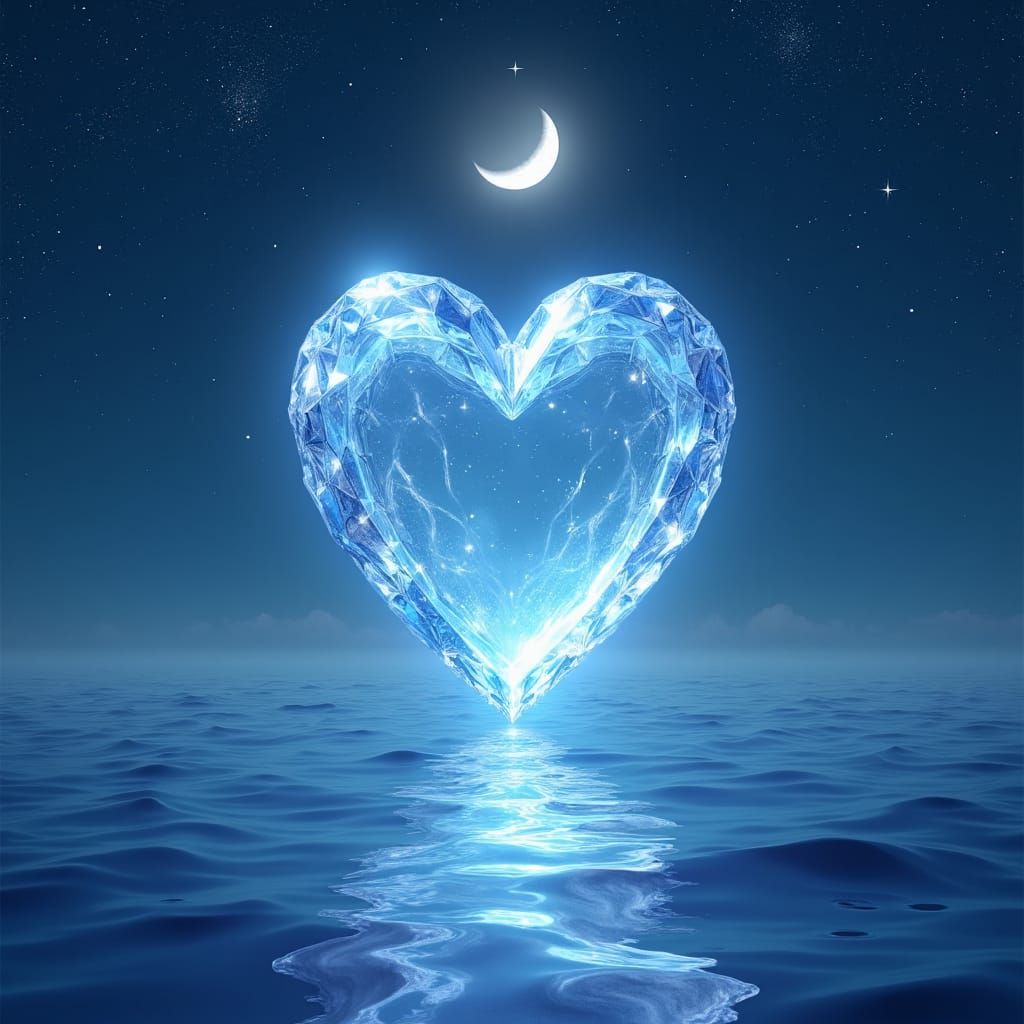 Crystal Heart Over Serene Ocean: Anime Style 3D Art