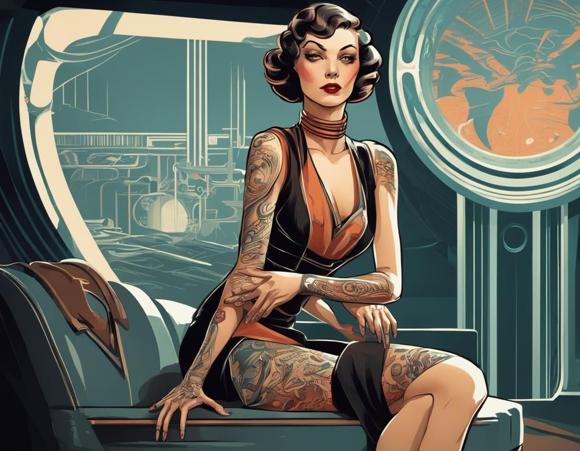 Retro-Futuristic Tattooed Woman in Art Deco Style