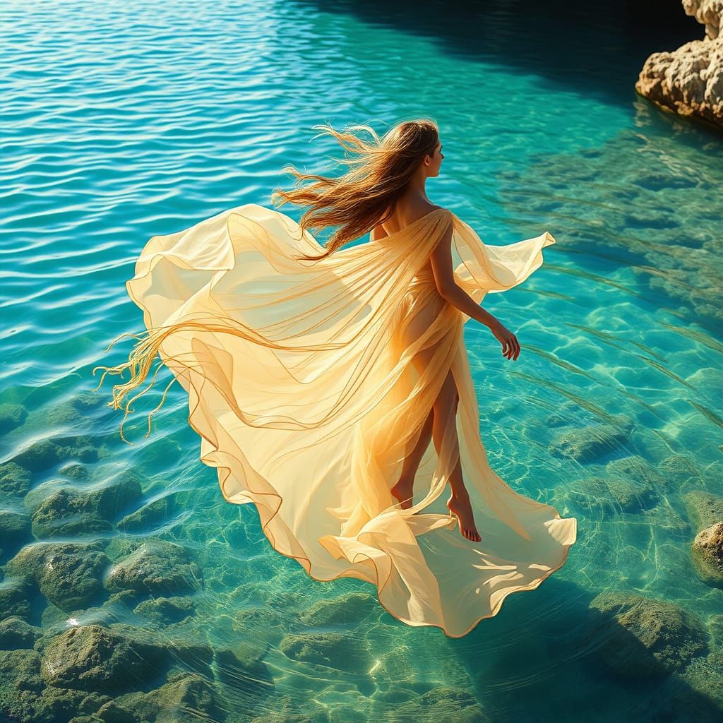 Woman Floating in Turquoise Cove in Futuristic Surrealist St...