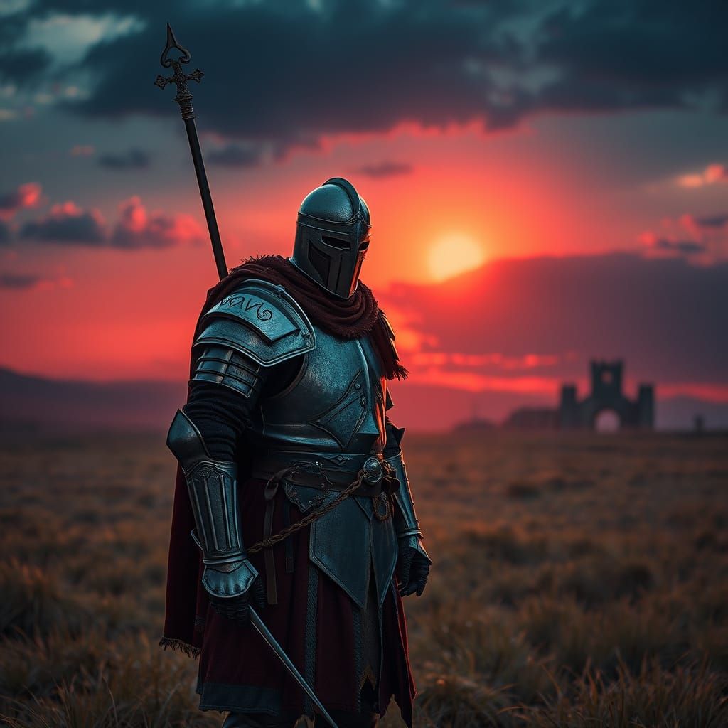 Templar Knight on Windswept Plain in Twilight