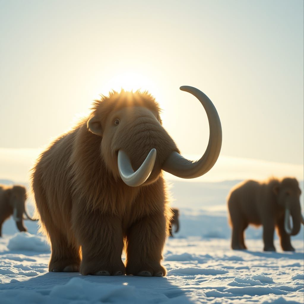 Golden Baby Woolly Mammoth in Icy Tundra Landscape