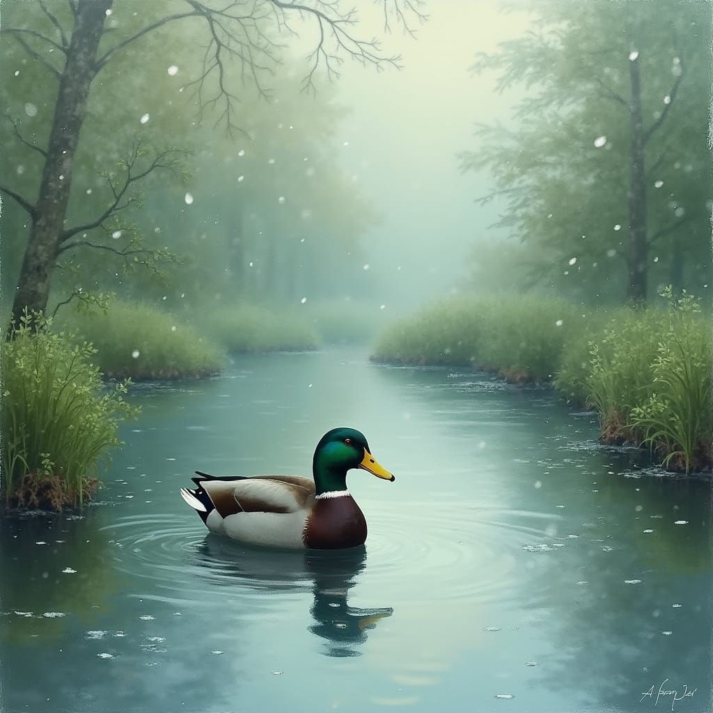 Mallard Duck in Pond: Impressionist Painting with Aurora Sky