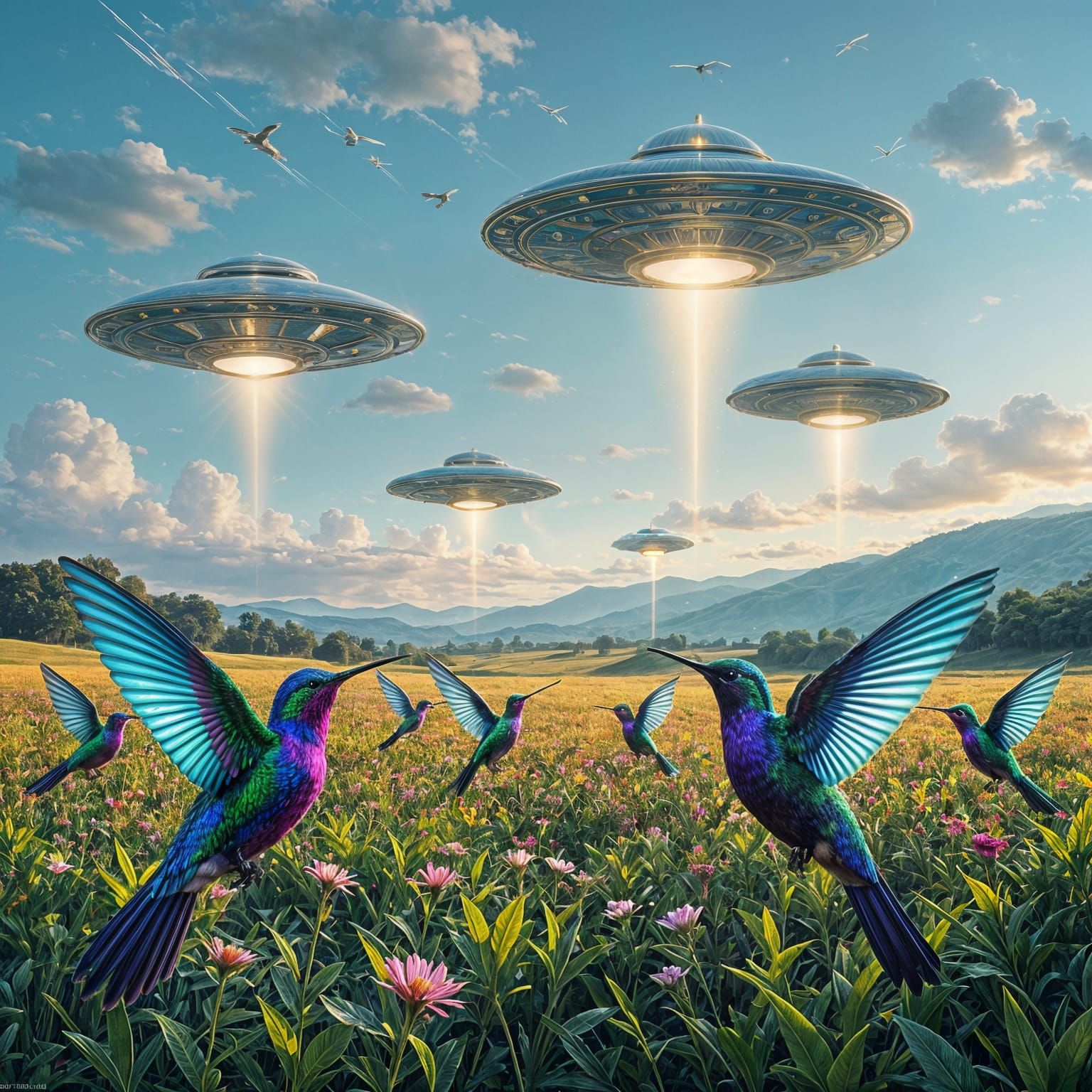 Dreamlike Landscape with Flying Saucers and Hummingbirds