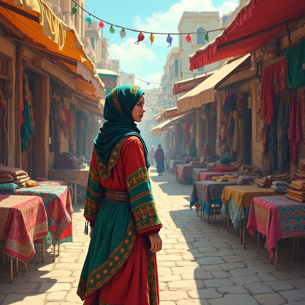Palestinian Woman in Marketplace: Digital Art